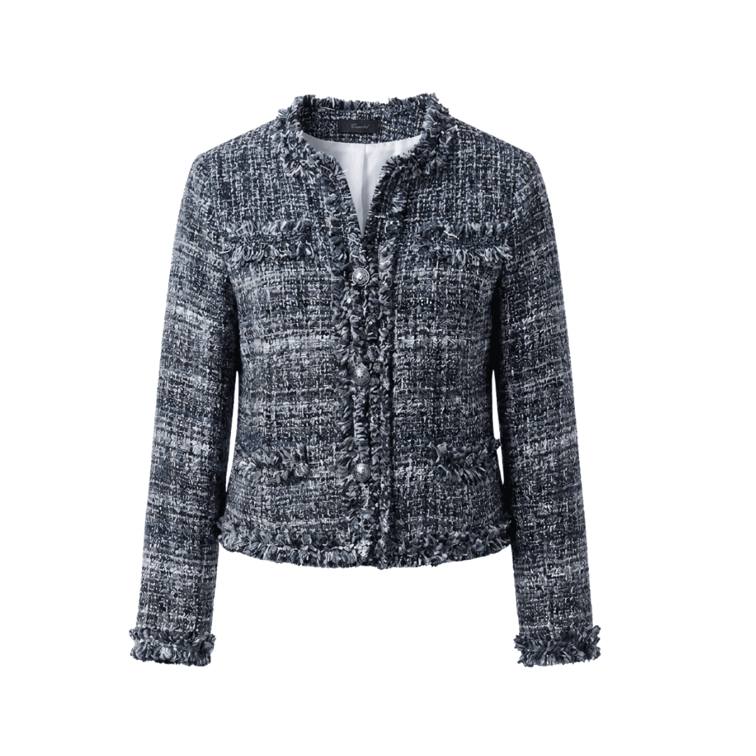 Elegant Fringed Bouclé Tweed Jacket – Blue Multi