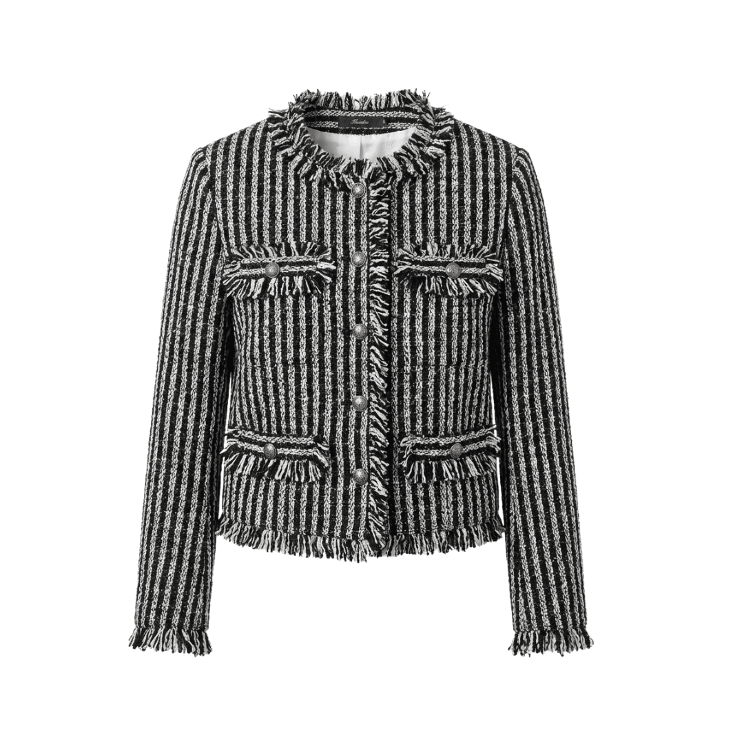 Vertical Stripe Fringed Tweed Jacket – Noir & Off-White