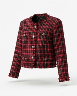 Crimson Plaid Fringed Bouclé Tweed Jacket – Silver Crest Edition thumbnail 1