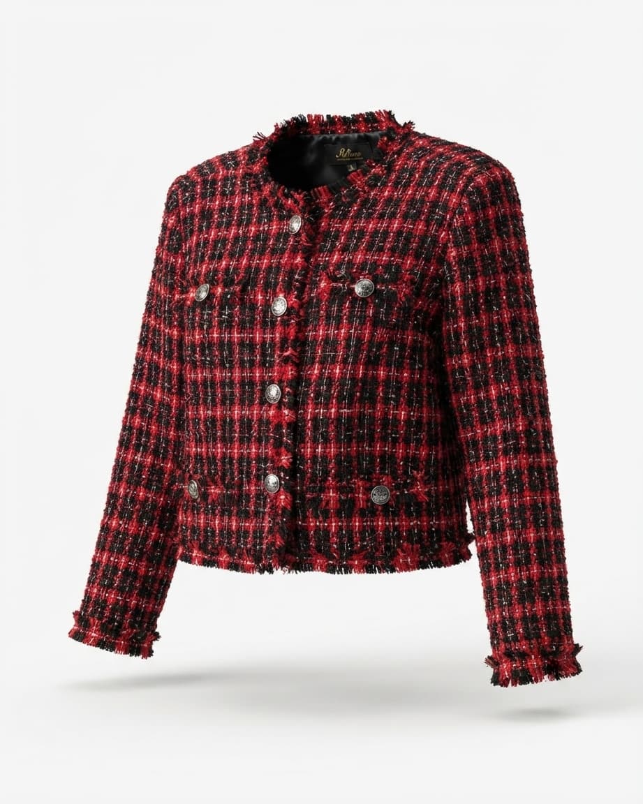Crimson Plaid Fringed Bouclé Tweed Jacket – Silver Crest Edition