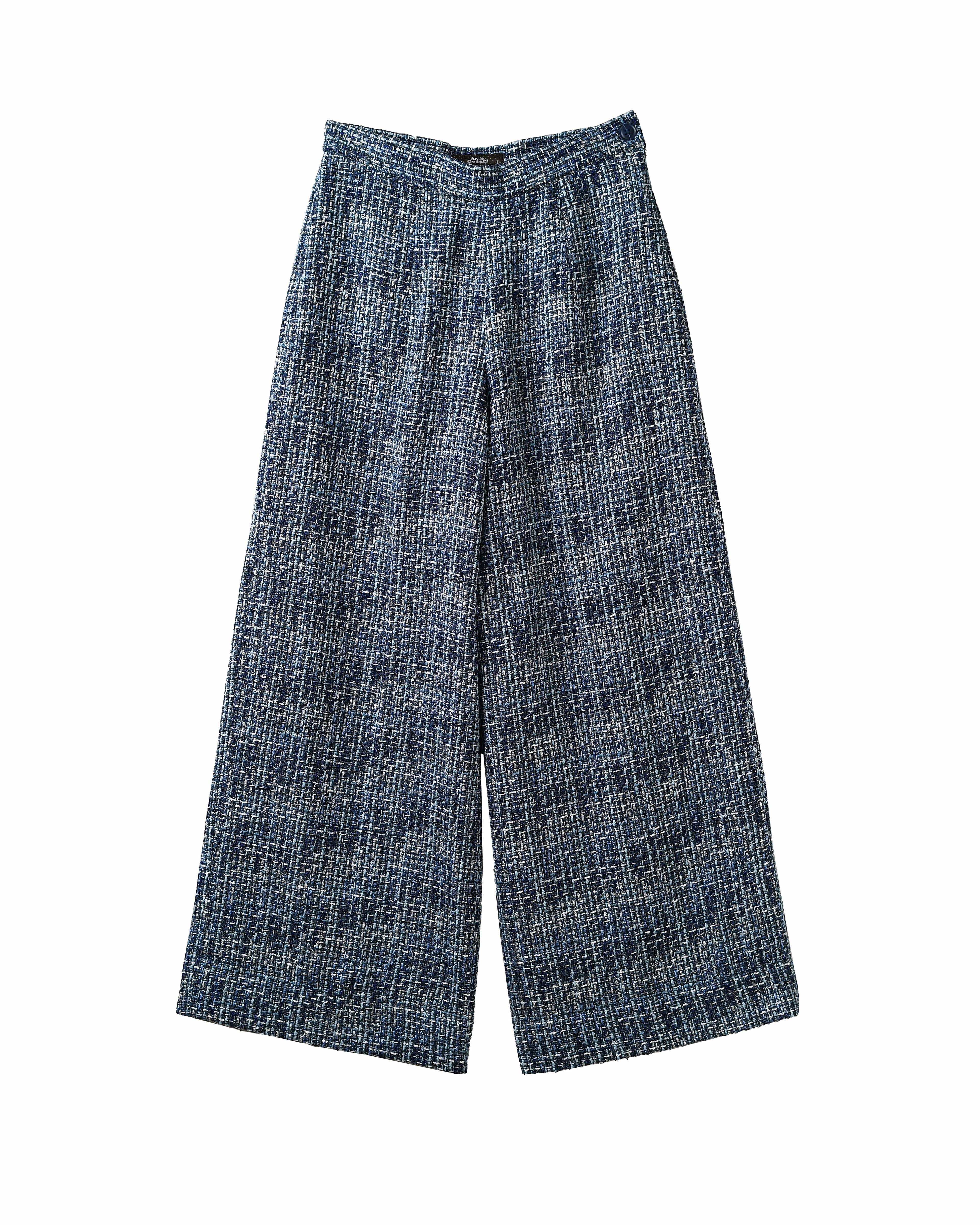 Blue Tonal Bouclé Tweed Wide-Leg Trousers